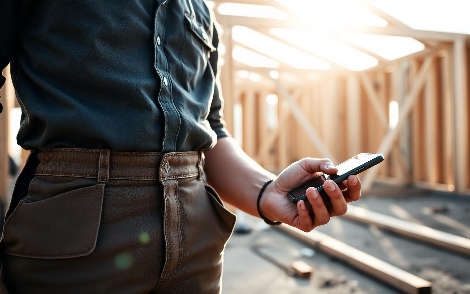 Contractor reviewing an AI-generated estimate on his phone at a jobsite.